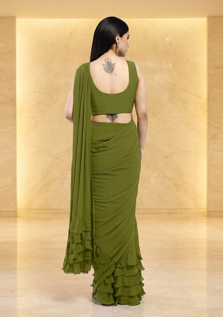 Olive Green Embroidered Handwork Pre Draped Saree Set - Indya