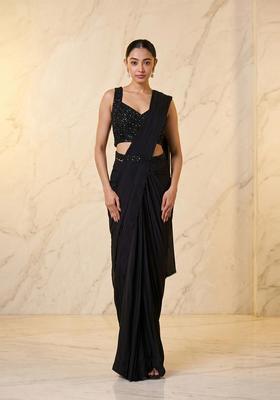 Black Embroidered Handwork Pre Draped Saree Set