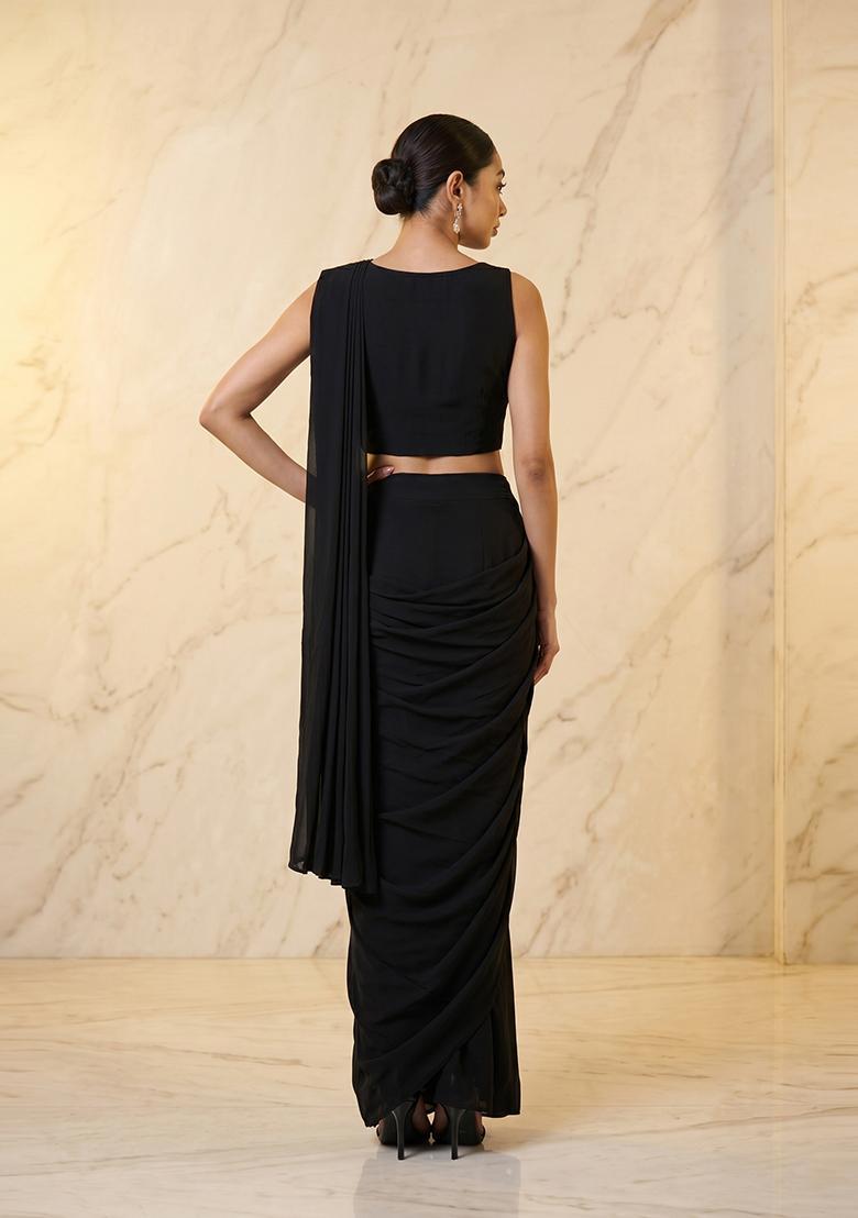 Black Embroidered Handwork Pre Draped Saree Set - Indya