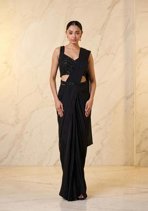 Black Embroidered Handwork Pre Draped Saree Set