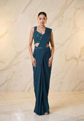Teal Blue Embroidered Handwork Pre Draped Saree Set
