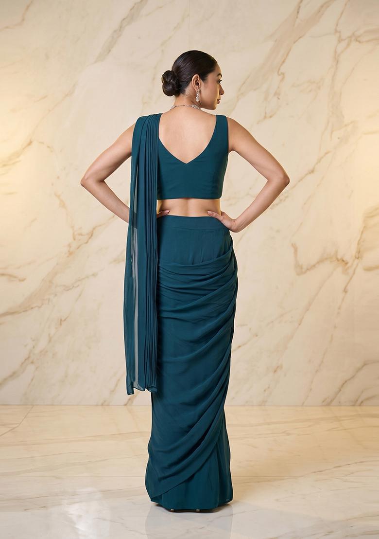Teal Blue Embroidered Handwork Pre Draped Saree Set - Indya