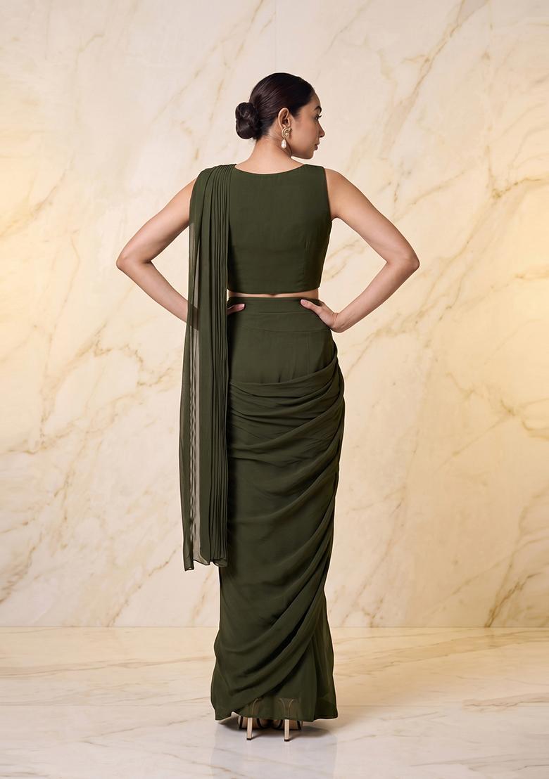 Forest Green Embroidered Handwork Pre Draped Saree Set - Indya