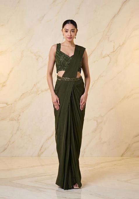 Forest Green Embroidered Handwork Pre Draped Saree Set
