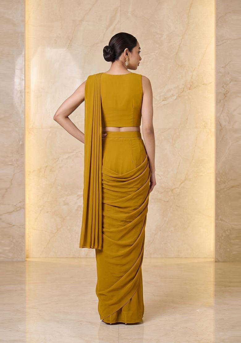 Olive Green Embroidered Handwork Pre Draped Saree Set - Indya