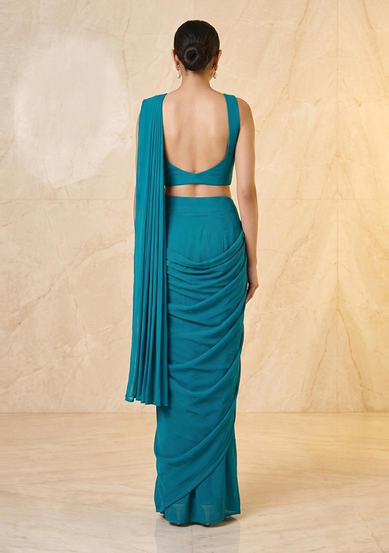 Deep Teal Embroidered Handwork Pre Draped Saree Set - Indya
