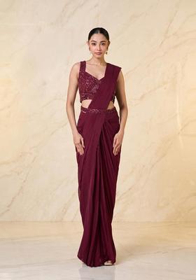 Plum Embroidered Handwork Pre Draped Saree Set