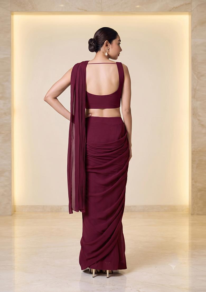 Plum Embroidered Handwork Pre Draped Saree Set - Indya
