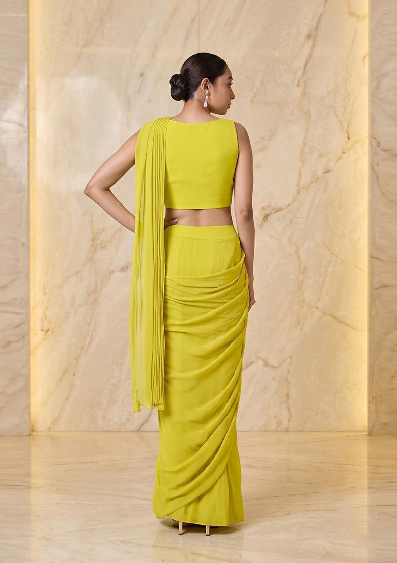 Lime Yellow Embroidered Handwork Pre Draped Saree Set - Indya