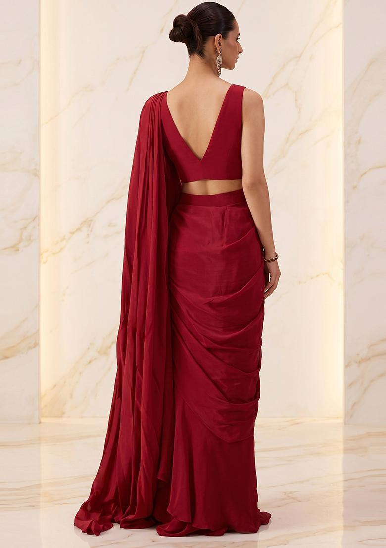 Deep Red Embroidered Handwork Pre Draped Saree Set - Indya