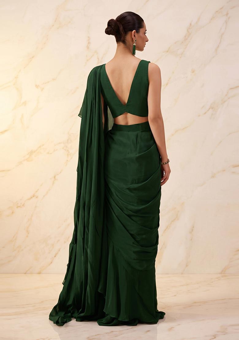 Bottle Green Embroidered Handwork Pre Draped Saree Set - Indya