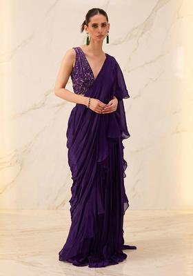 Deep Purple Embroidered Handwork Pre Draped Saree Set