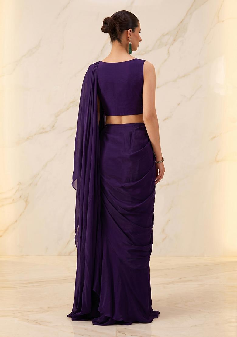 Deep Purple Embroidered Handwork Pre Draped Saree Set - Indya
