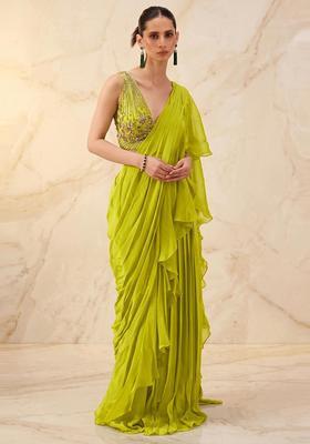 Lime Green Embroidered Handwork Pre Draped Saree Set