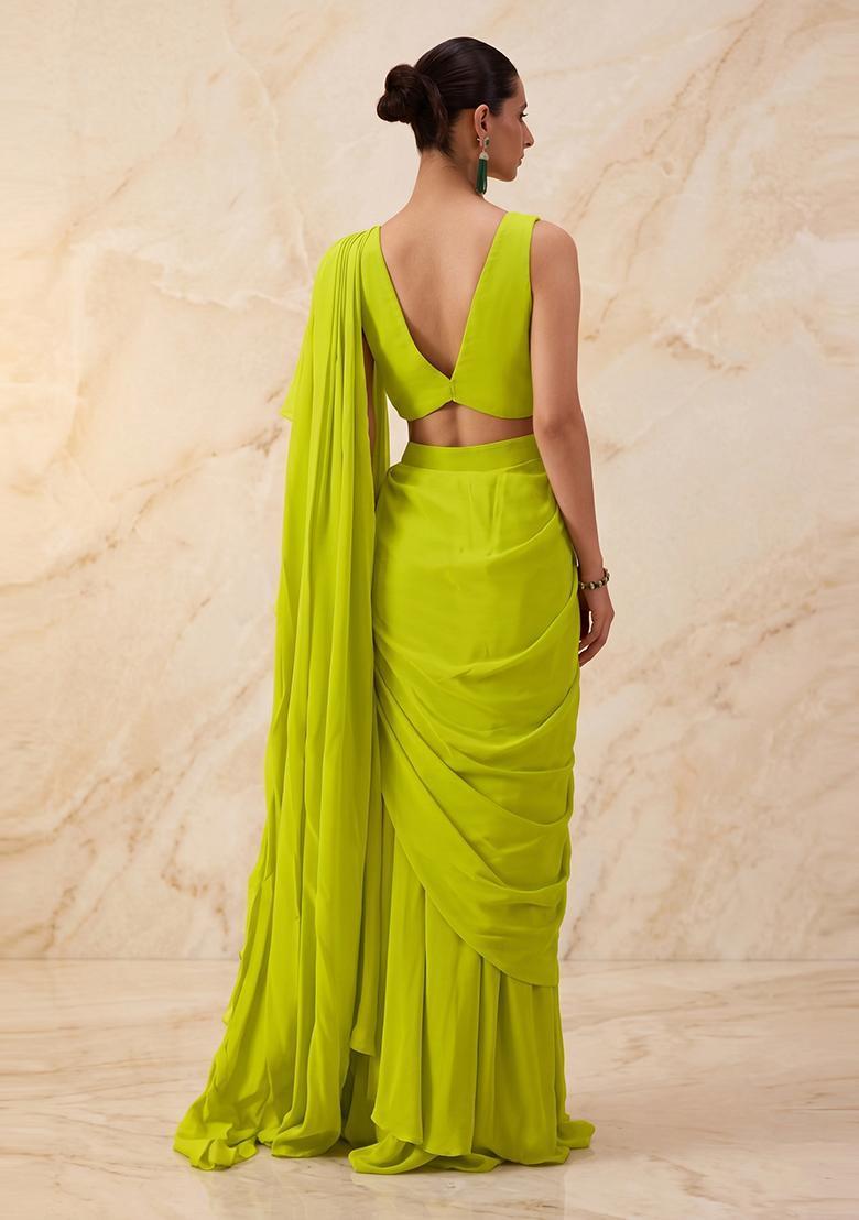 Lime Green Embroidered Handwork Pre Draped Saree Set - Indya