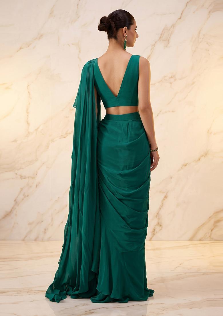 Emerald Green Embroidered Handwork Pre Draped Saree Set - Indya