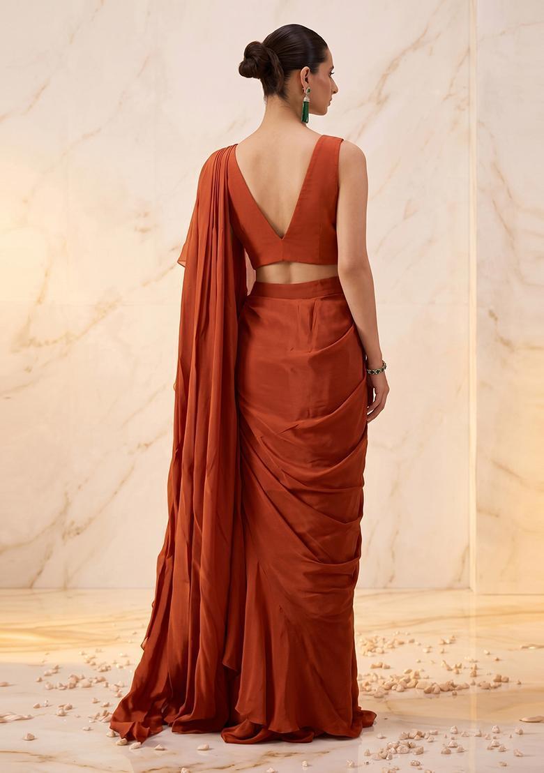 Brown Embroidered Handwork Pre Draped Saree Set - Indya