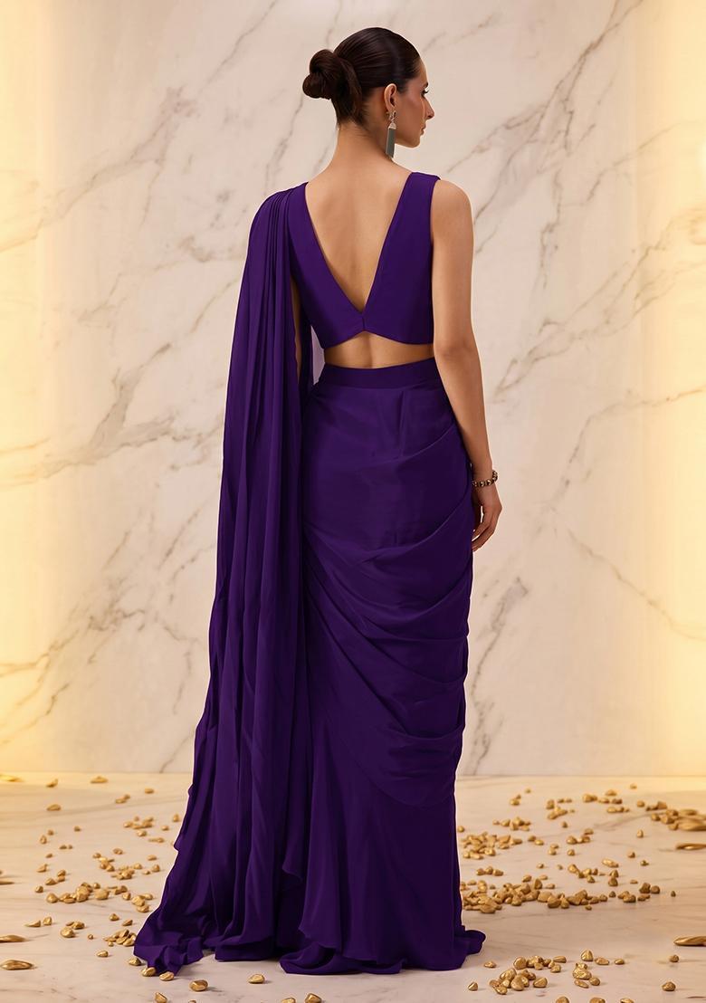 Purple Embroidered Handwork Pre Draped Saree Set - Indya