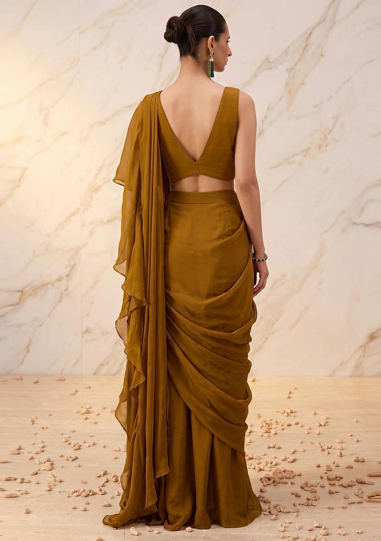 Olive Green Embroidered Handwork Pre Draped Saree Set - Indya