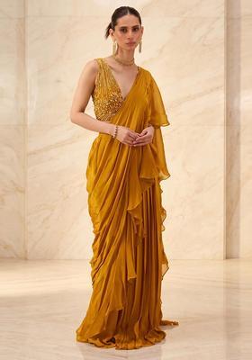 Mustard Embroidered Handwork Pre Draped Saree Set