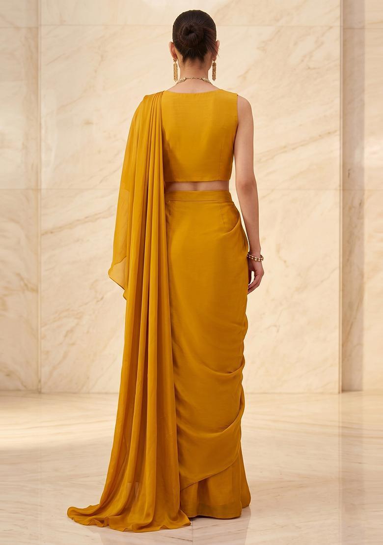 Mustard Embroidered Handwork Pre Draped Saree Set - Indya