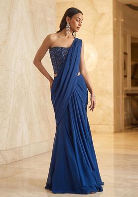 Royal Blue Embroidered Handwork Pre Draped Saree Set