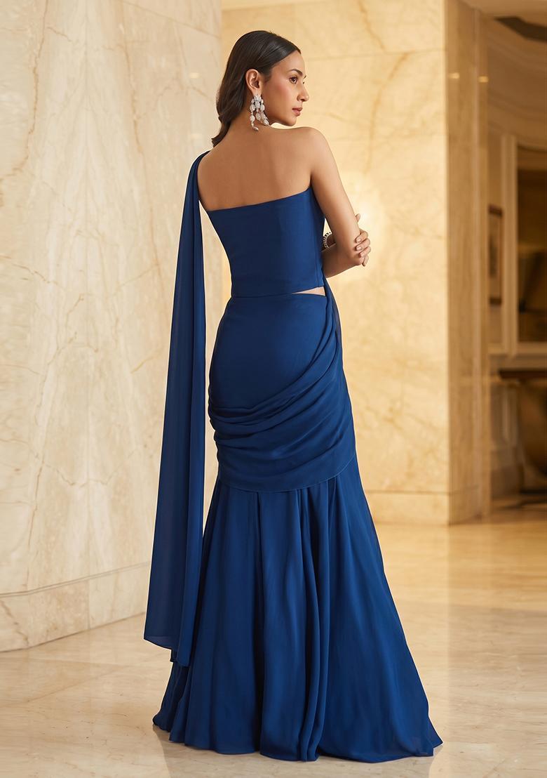 Royal Blue Embroidered Handwork Pre Draped Saree Set - Indya