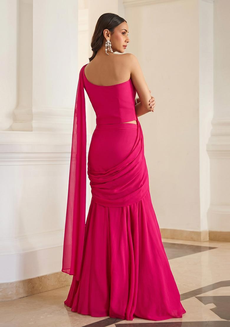 Magenta Embroidered Handwork Pre Draped Saree Set - Indya