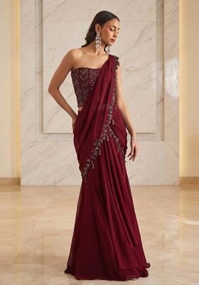 Wine Maroon Embroidered Handwork Pre Draped Saree Set