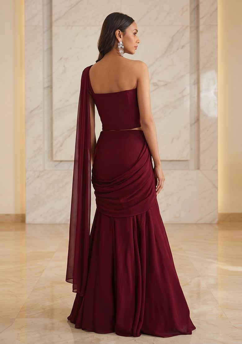 Wine Maroon Embroidered Handwork Pre Draped Saree Set - Indya