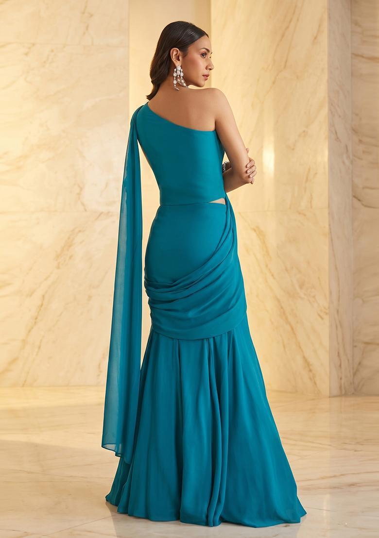 Teal Blue Embroidered Handwork Pre Draped Saree Set - Indya