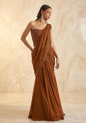 Rust Brown Embroidered Handwork Pre Draped Saree Set