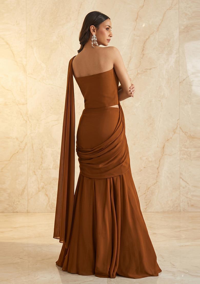 Rust Brown Embroidered Handwork Pre Draped Saree Set - Indya