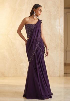 Deep Purple Embroidered Handwork Pre Draped Saree Set