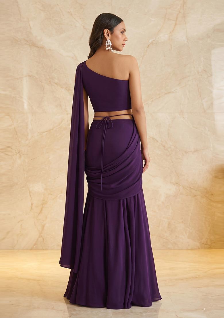 Deep Purple Embroidered Handwork Pre Draped Saree Set - Indya