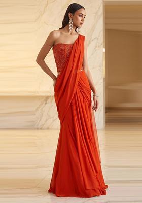 Rust Orange Embroidered Handwork Pre Draped Saree Set