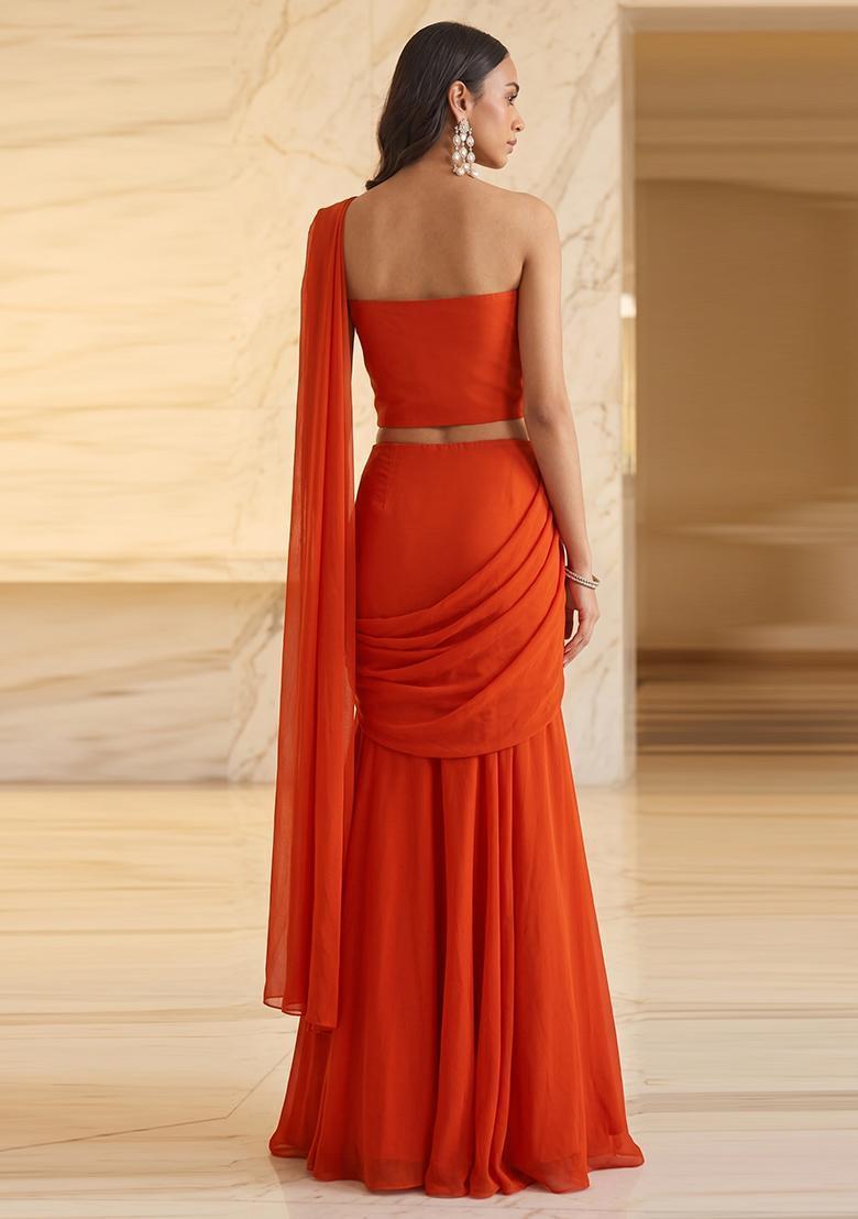 Rust Orange Embroidered Handwork Pre Draped Saree Set - Indya