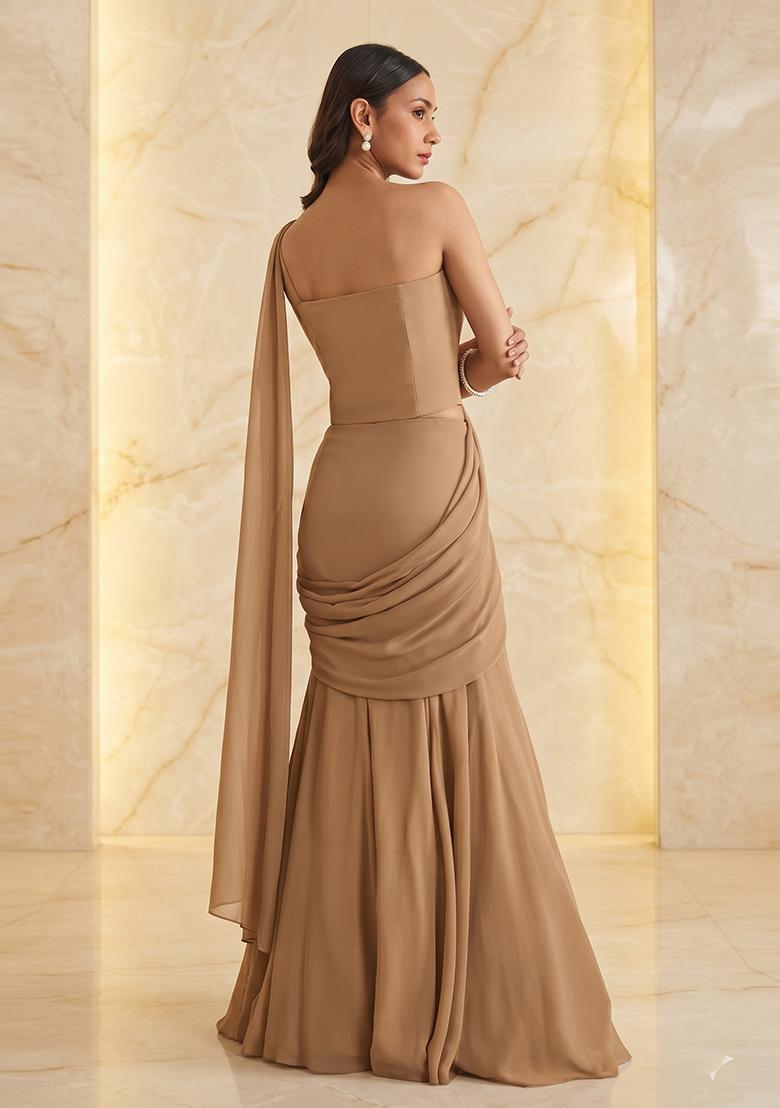 Beige Embroidered Handwork Pre Draped Saree Set - Indya