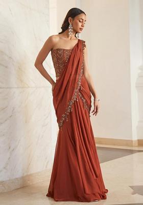 Brown Embroidered Handwork Pre Draped Saree Set