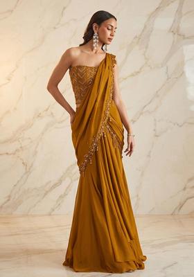 Olive Green Embroidered Handwork Pre Draped Saree Set