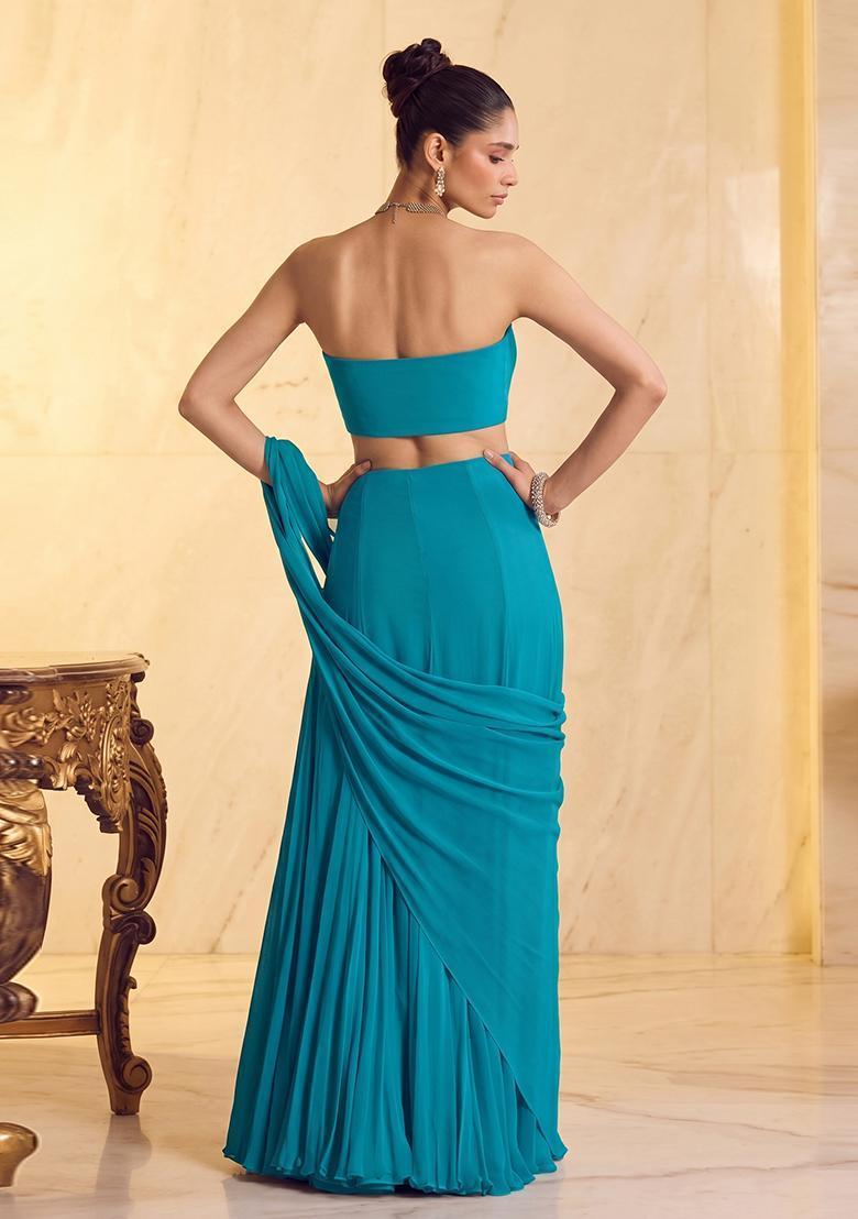 Turquoise Blue Embroidered Handwork Pre Draped Saree Set - Indya