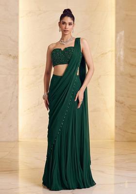 Emerald Green Embroidered Handwork Pre Draped Saree Set