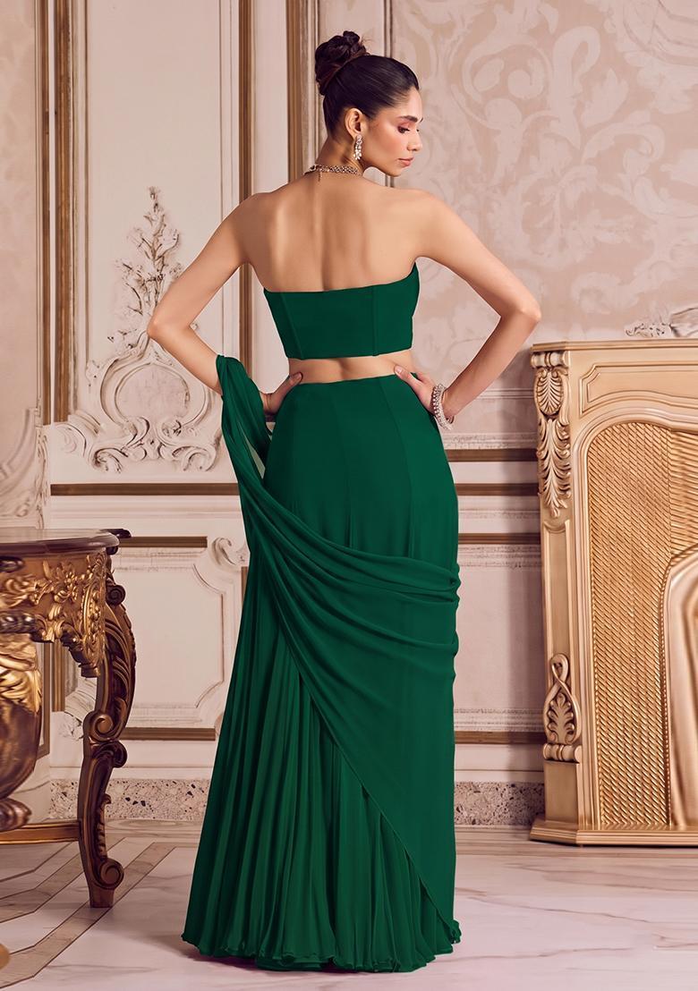 Emerald Green Embroidered Handwork Pre Draped Saree Set - Indya