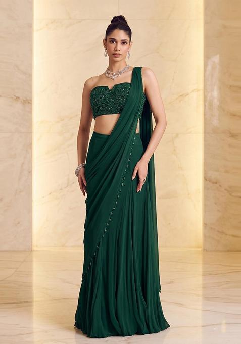 Emerald Green Embroidered Handwork Pre Draped Saree Set