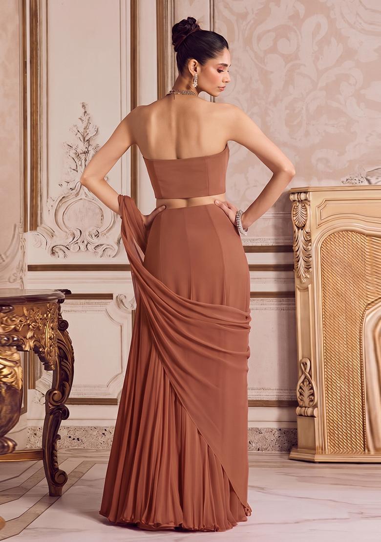 Brown Embroidered Handwork Pre Draped Saree Set - Indya