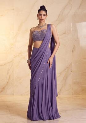 Lavender Embroidered Handwork Pre Draped Saree Set
