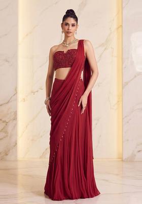 Wine Red Embroidered Handwork Pre Draped Saree Set