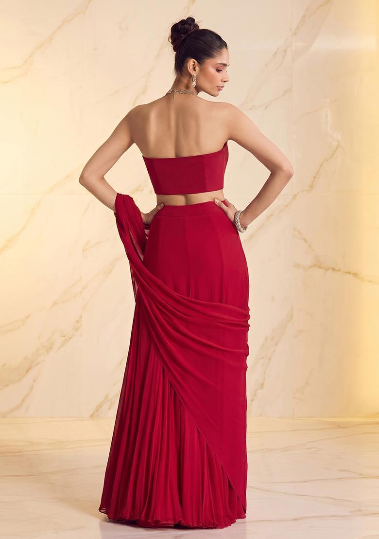 Wine Red Embroidered Handwork Pre Draped Saree Set - Indya