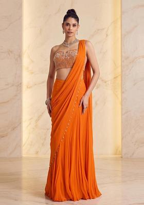 Orange Embroidered Handwork Pre Draped Saree Set