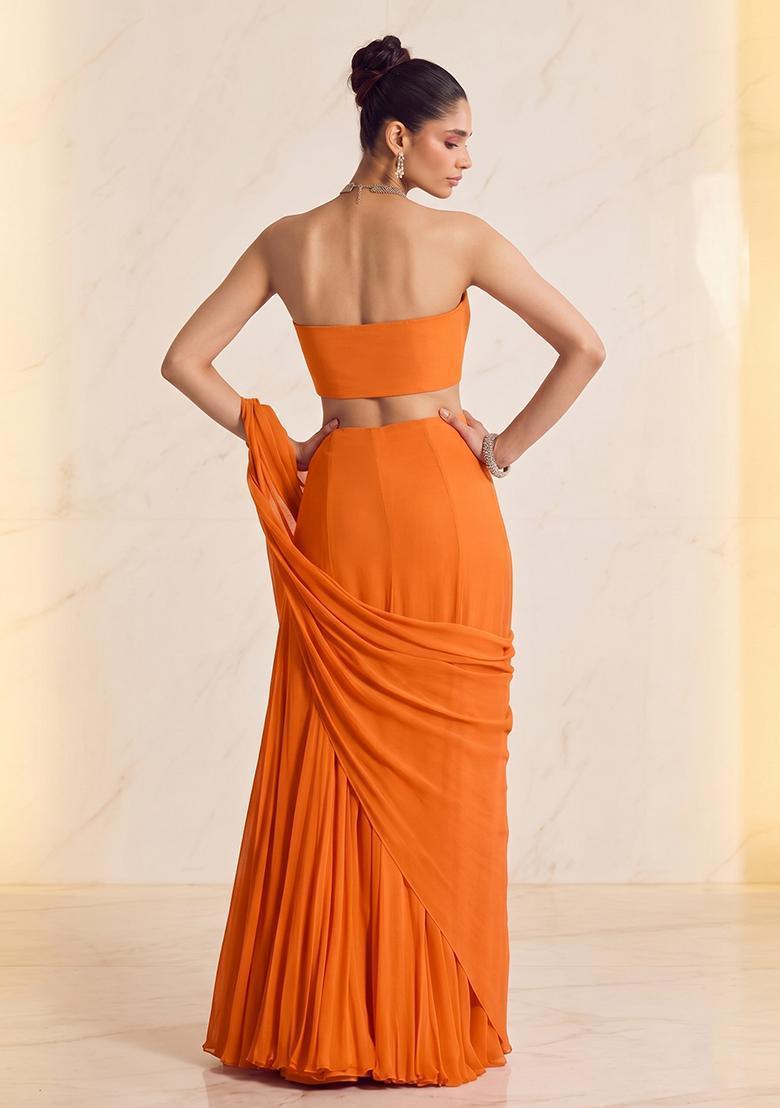 Orange Embroidered Handwork Pre Draped Saree Set - Indya